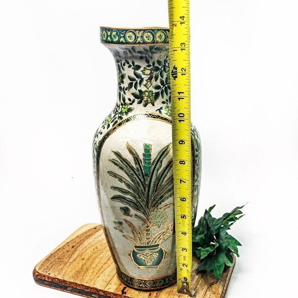 Porcelain Vase Green/Gold Botanical Motif Hand Painted Gilt Accent China - Picture 11 of 13